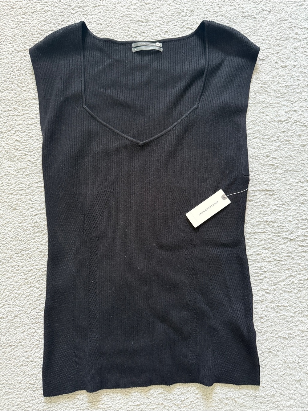 Anthropologie Black Ribbed V-Neck Sleeveless Blouse | XL
